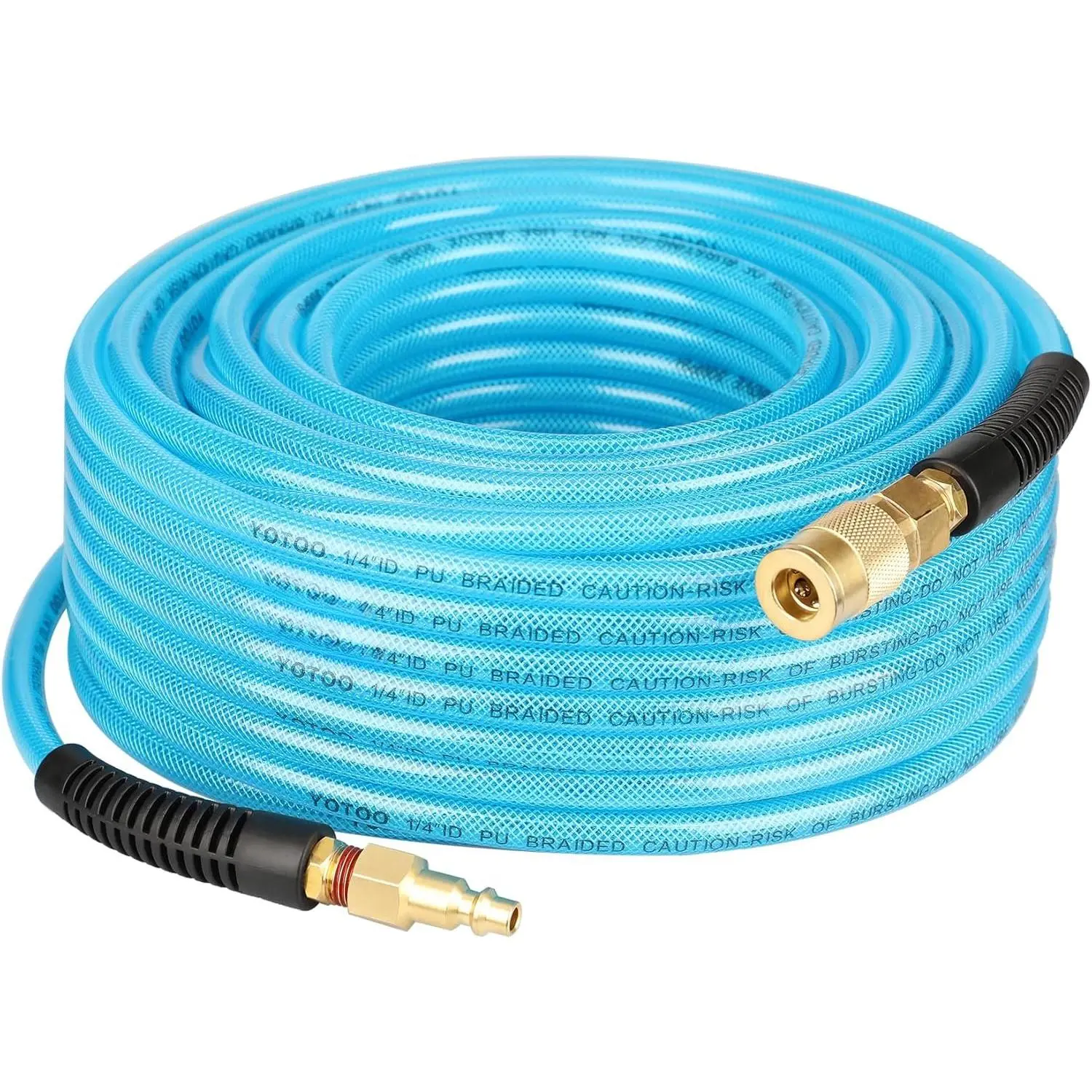 TOTOQ Reinforced Polyurethane Air Hose 1/4" Inner Diameter by 100' Long Flexible Heavy Duty with Bend Restrictor 1/4" Swivel Quick Coupler Blue