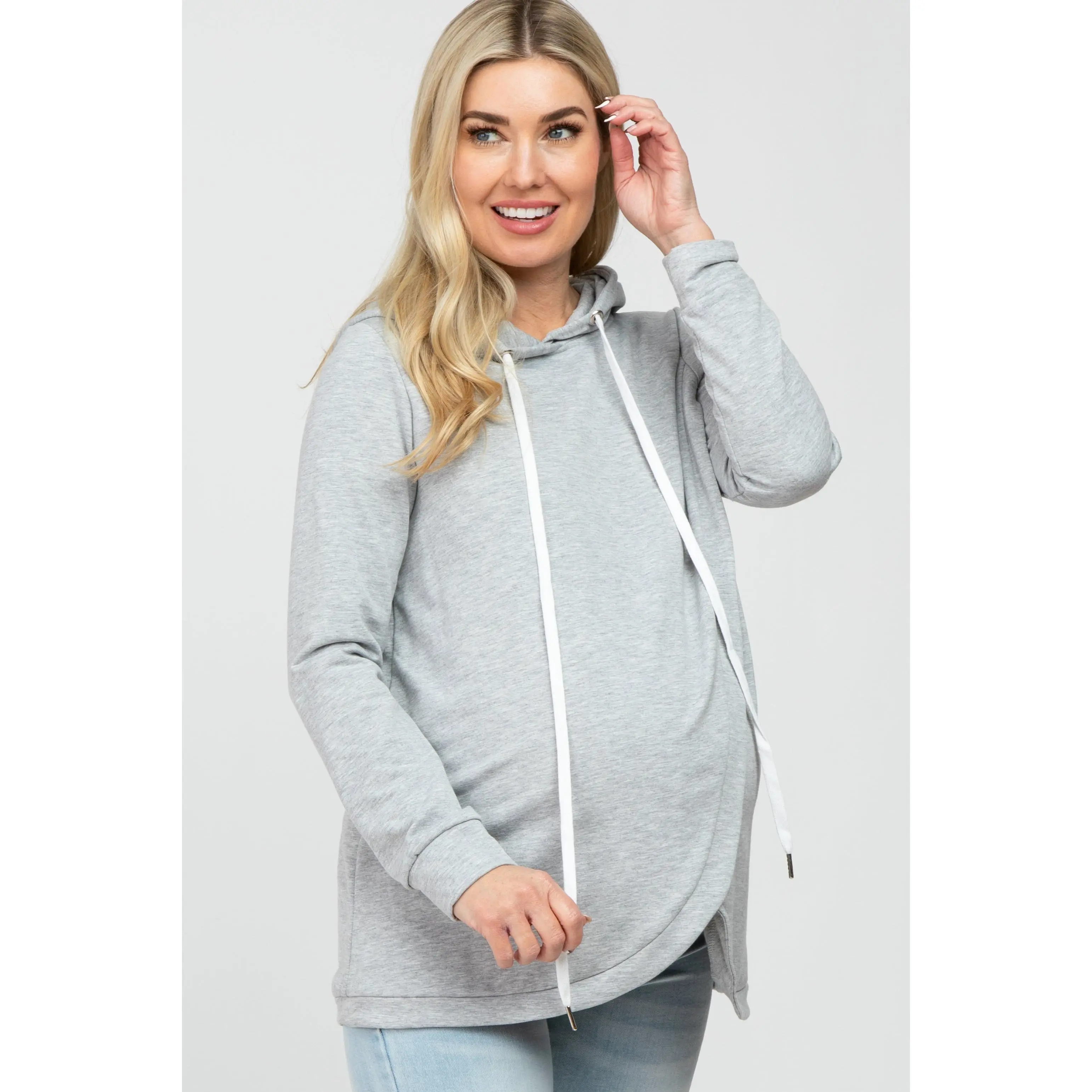 Heather Grey Layered Front Maternity/Nursing Fleece Hoodie, Casual, Long Sleeve, Drawstring