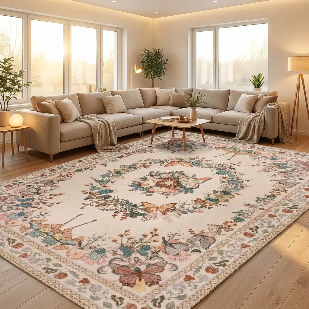 XEXSIN Washable Vintage Floral Butterfly Decorative Floral Pattern Rug - Stain-Resistant, Non-Slip, Low-Pile Faux Wool Soft Washable Area Rug for Living Room, Bedroom, Decorative Rugs