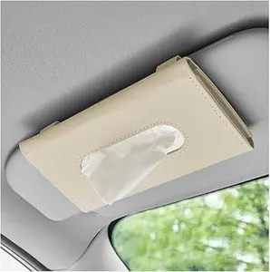 Car Tissue Holder, Leather Hanging Paper Towel Clip with Tissue Refill, Rectangle Napkin Holder , Interior Car Accessories for Tissue Storage ( Beige, Smooth)