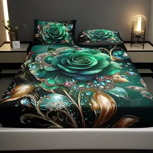 3pcs Emerald Floral Decorative Bedding Set, High-Definition Digital Print Sheet Set, 100% Polyester, All Seasons, Vibrant Floral Print