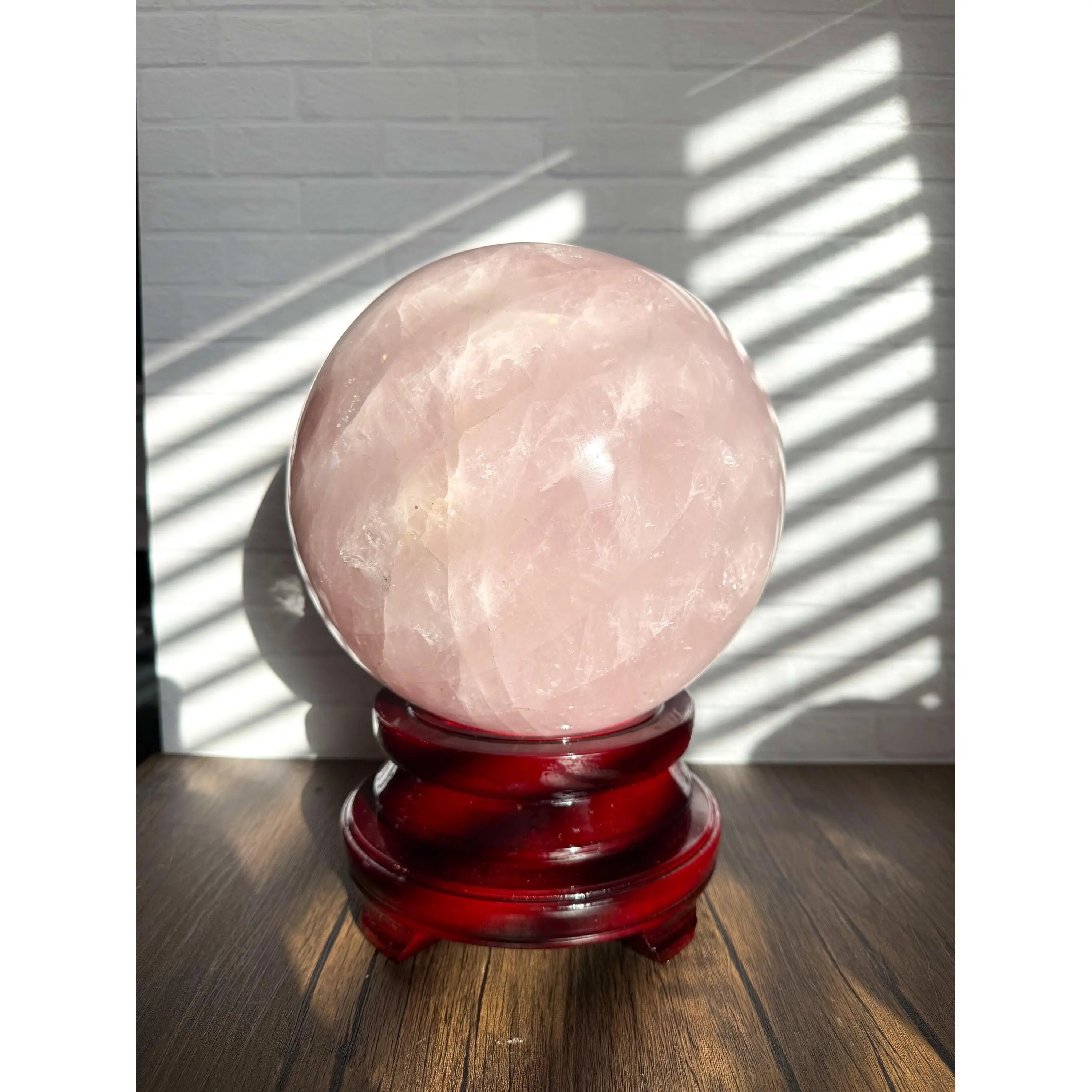 XL Rose Quartz Crystal Sphere • 10” 44 lb Polished Gemstone Ball with Rotating Wooden Stand • Rare Giant Pink Quartz Orb C90
