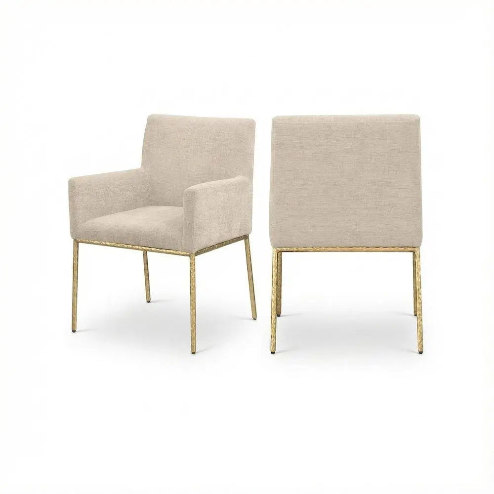 Set of 2 Beige Chenille Dining Chairs with Brushed Brass Frame, Ideal for Contemporary Home Decor