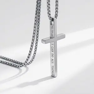 Stainless steel men's cross necklace, inspirational scripture pendant, faith necklace, available in 18, 20, 22, and 24 inches.