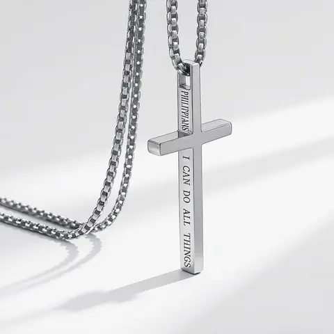 Stainless steel men's cross necklace, inspirational scripture pendant, faith necklace, available in 18, 20, 22, and 24 inches.