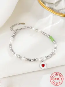 925 Sterling Silver Faux Pearl & Heart Decor Bracelet, Fashion Jewelry for Party, Daily Clothing Decor, Trendy All-match & Exquisite Jewelry for Birthday Gift