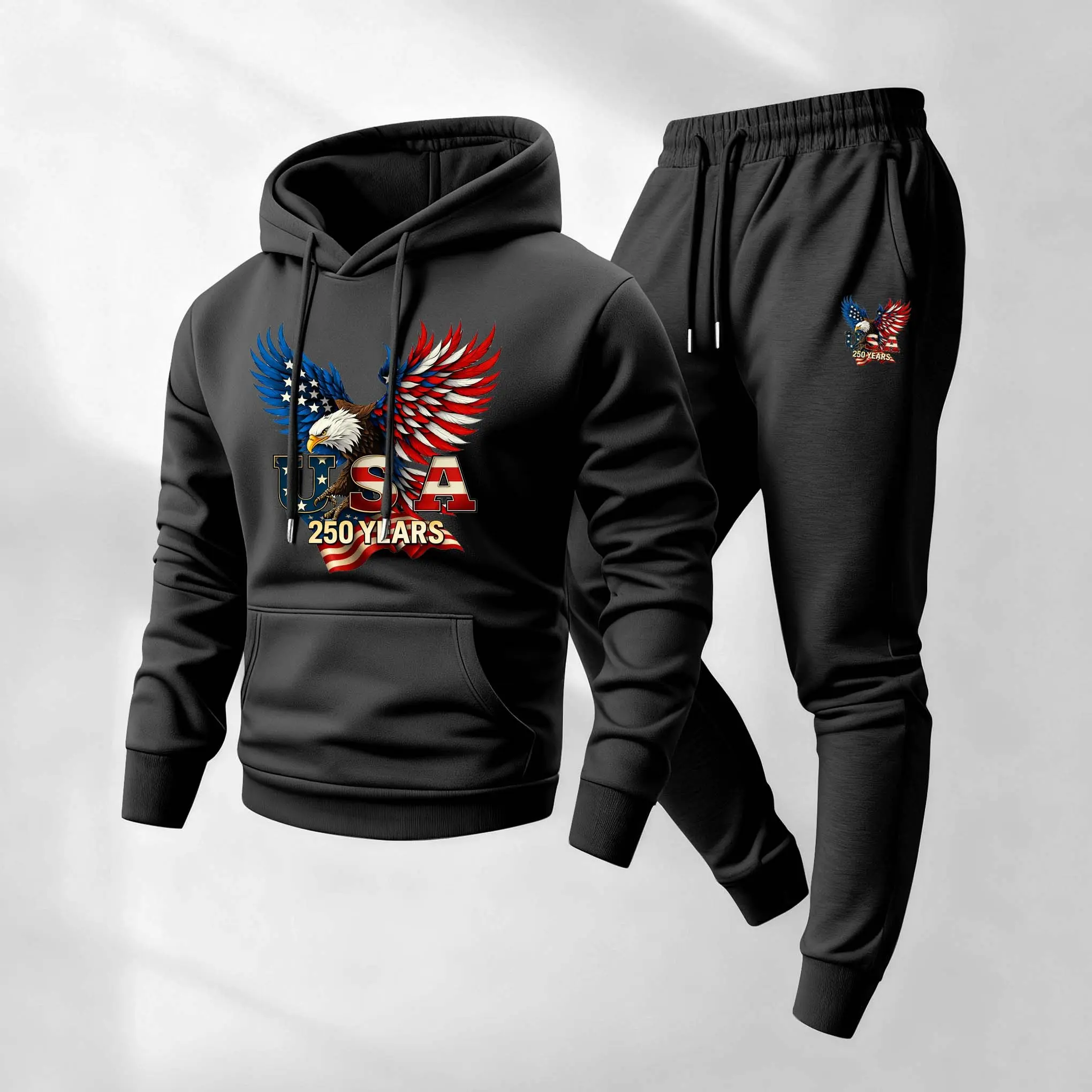 Men's US 250th Anniversary Print Hoodie and Drawstring Sweatpants Set, Menswear, Casual Athletic Long Sleeve Hooded Jacket & Trousers for Fall & Winter, Men's Clothing for Daily Wear, Sportswear Indoor Outdoor, Tracksuit, Athleisure
