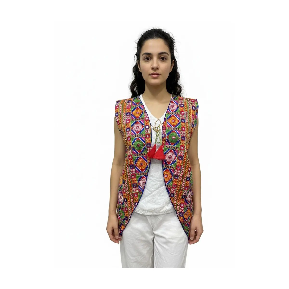#M-JKT2 Vibrant  Soft cotton base Artisan Crafted  with embroidered overlays Indian Koti Jacket with Mirror Work
