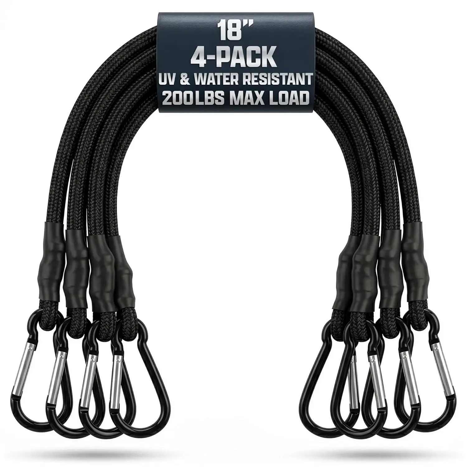 4-Pack 18-In Fixed Length Water Resistant Bungee Cords with Functional Steel Carabiner Hooks, Secure Grip Outdoor Climbing Equipment