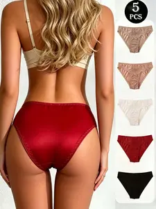 5pcs Women's Low-Rise Seamless Thongs – Floral Contrast Lace Trim, Silky Soft Stretchable Fabric, Breathable Comfort V-String Panties for Daily & Honeymoon Wear