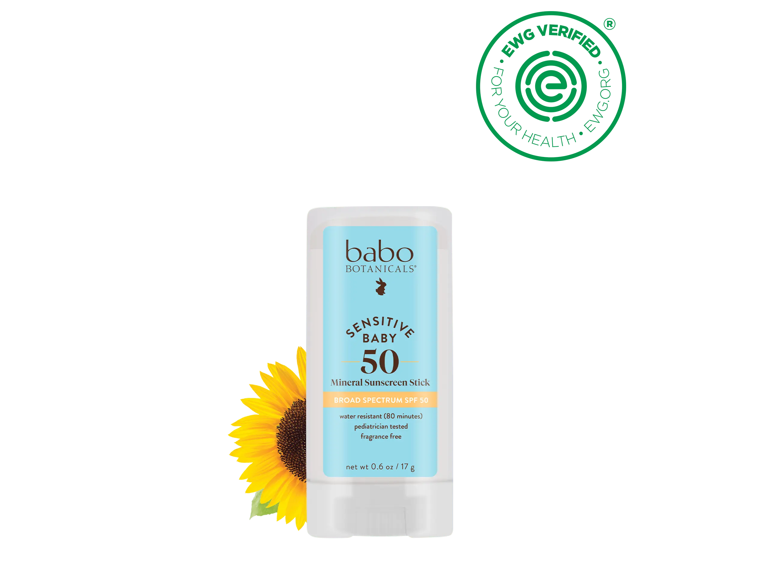 Babo Botanicals Sensitive Baby Mineral Sunscreen Stick SPF 50 – Water Resistant (80 Minutes) – Pediatrician Tested – Fragrance Free – EWG Verified – net wt. 0.6 oz (17 g)
