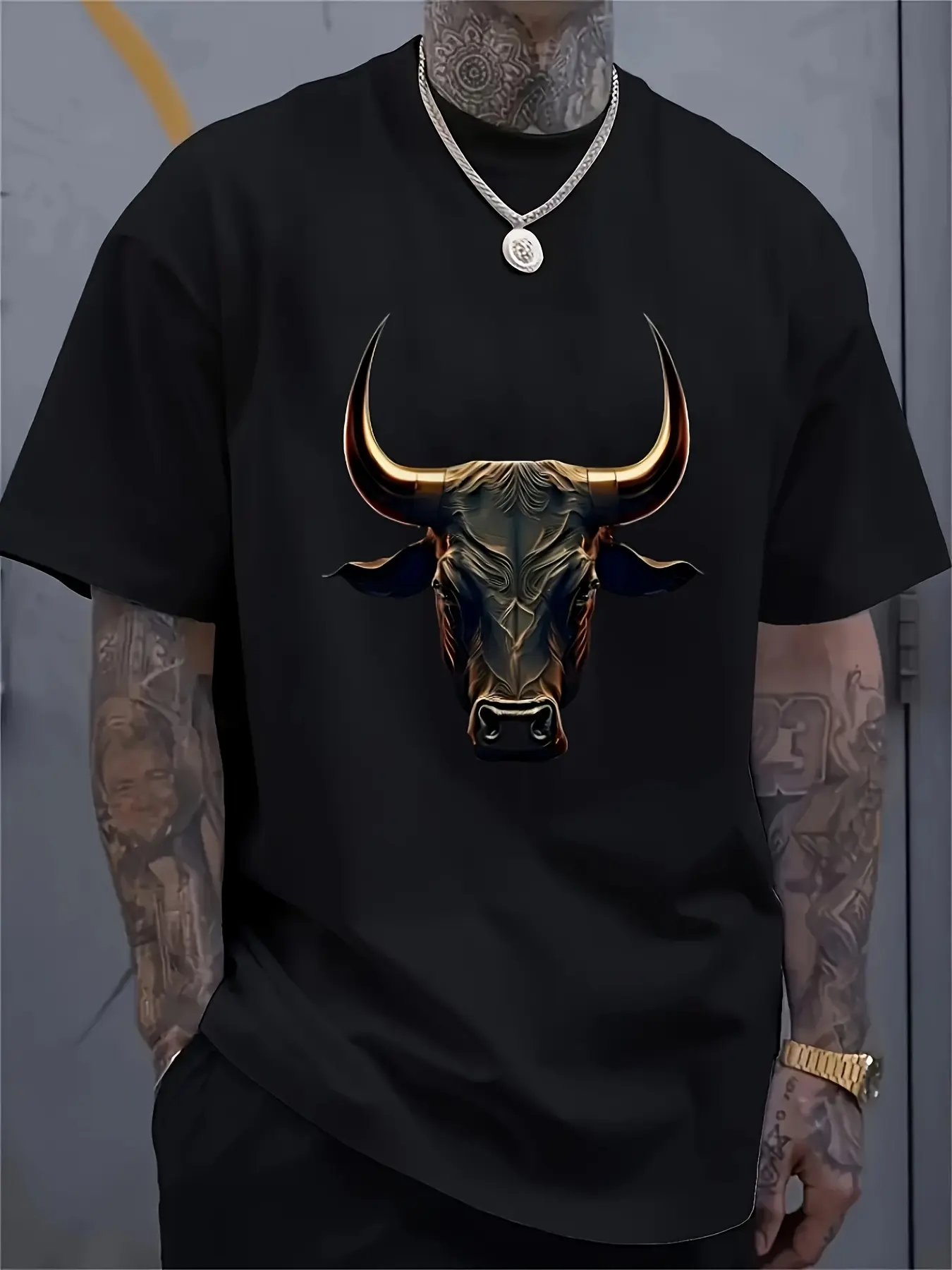 Men's Printed Copper Bull Head Pattern T-shirt, Round Neck, Short Sleeves, Loose Casual Streetwear Top, Suitable for Summer