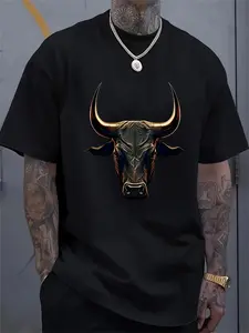 Men's Printed Copper Bull Head Pattern T-shirt, Round Neck, Short Sleeves, Loose Casual Streetwear Top, Suitable for Summer