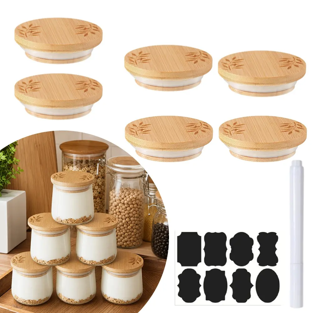 6-Piece Bamboo Food Storage Sealing Cover Set - Bamboo Lids with Silicone Sealing Rings, Label Stickers, Pens - Tight Seal for Kitchen Meal Prep, Baking, Bamboo Lid