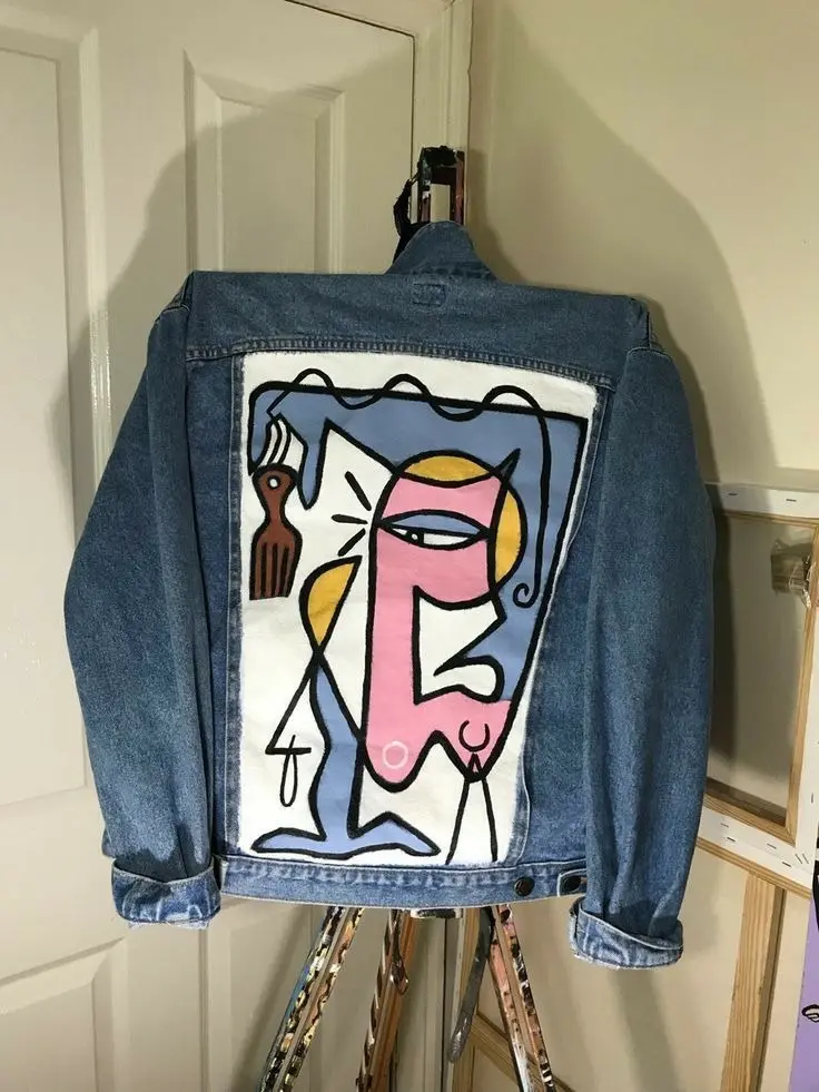 Abstract Art Denim Jacket for Men and Women – Hand-Painted Picasso-Inspired Oversized Jean Jacket – Unique Artistic Streetwear Statement Outerwear for Creative Minds