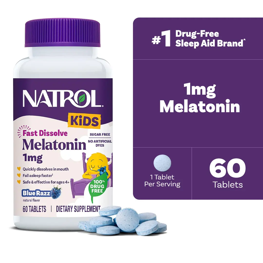 Natrol Kids Fast Dissolve Melatonin 1 mg, Sleep Aid, Blue-Razz, 60 Tablets | Dietary Supplement for Restful Sleep, Sleep Tablets for Kids, For Occasional Sleeplessness, Blue Raspberry-Flavored