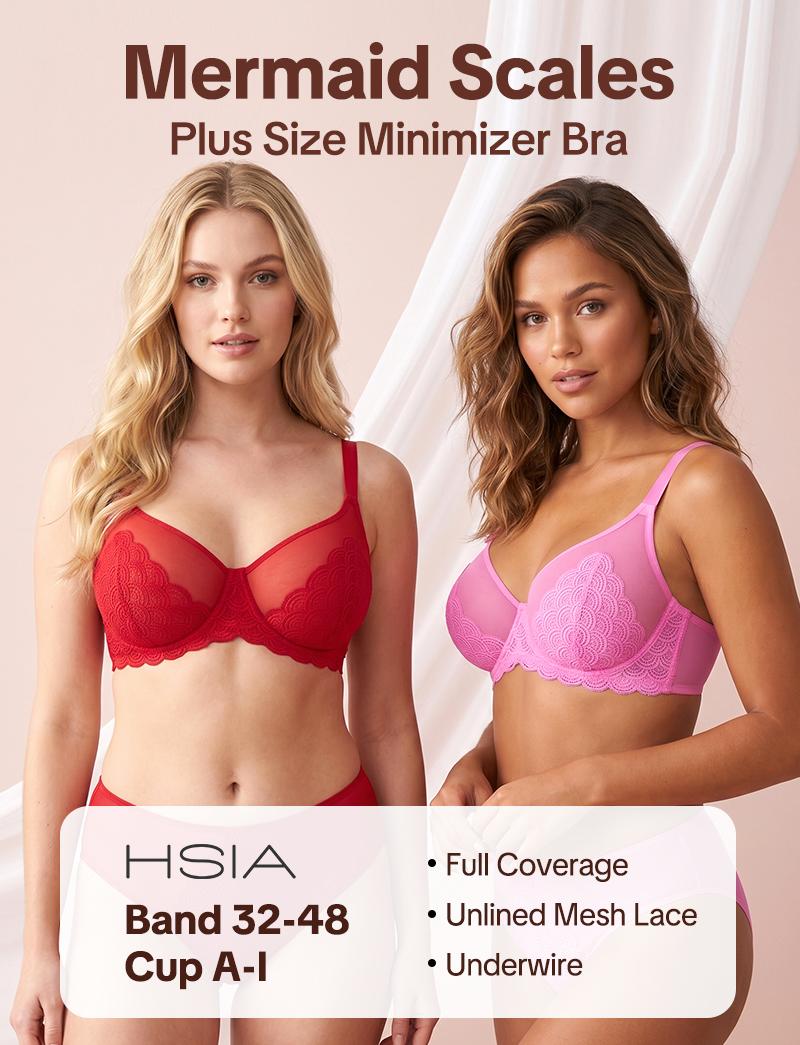 【2 PACK】HSIA Mermaid Scales Unlined Plus Size Full Coverage Underwire Support Minimizer Bra Elegant Non Padded Sheer Lace Breathable Mesh Adjustable Comfort Straps Lift Bra Back Smoothing Daily Lingerie for Big Bust Women