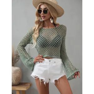 Openwork Flare Sleeve Cropped Cover Up