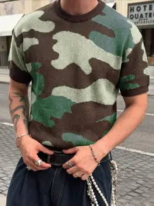 ANDREILEE Menswear Round Neck Breathable Knitwear Shortsleeve Top - Spring/Summer New Camouflage Color-Block Retro Street Style, Casual Loose Pullover
