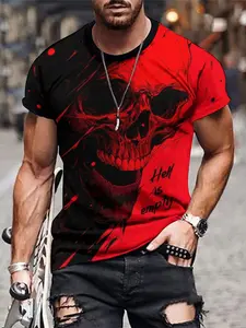 Men'S Novelty Casual Short-Sleeve Round Neck Streetwear T-Shirt with a Street Style Skull Anime 3D Print, Perfect for Summer Outdoor Activities,