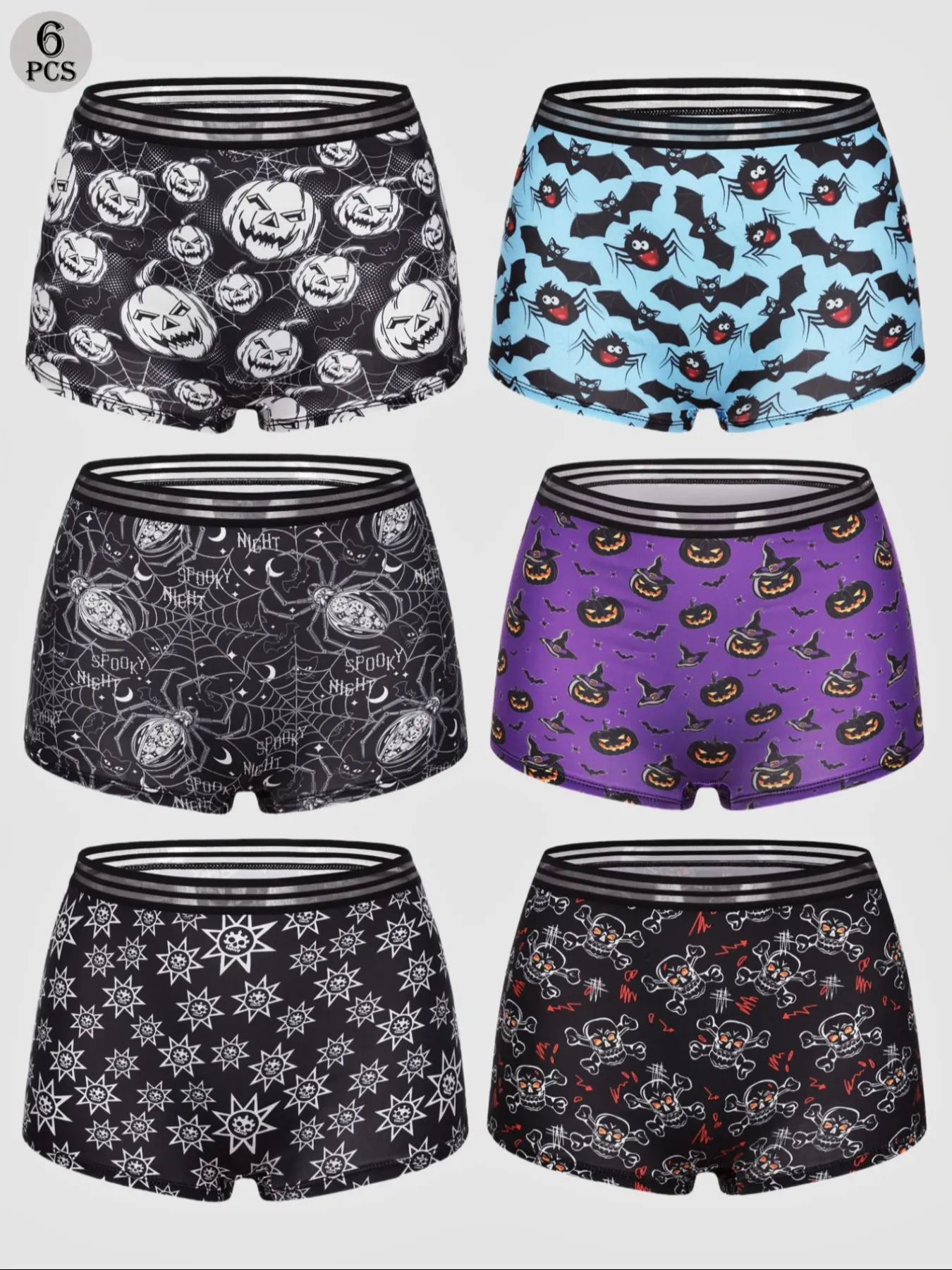 Morvia 6-Piece Halloween Theme Men's Briefs Set, Fun Prints of Pumpkins, Bats & Skulls, Comfortable Trendy Underwear for All Seasons Casual Wear