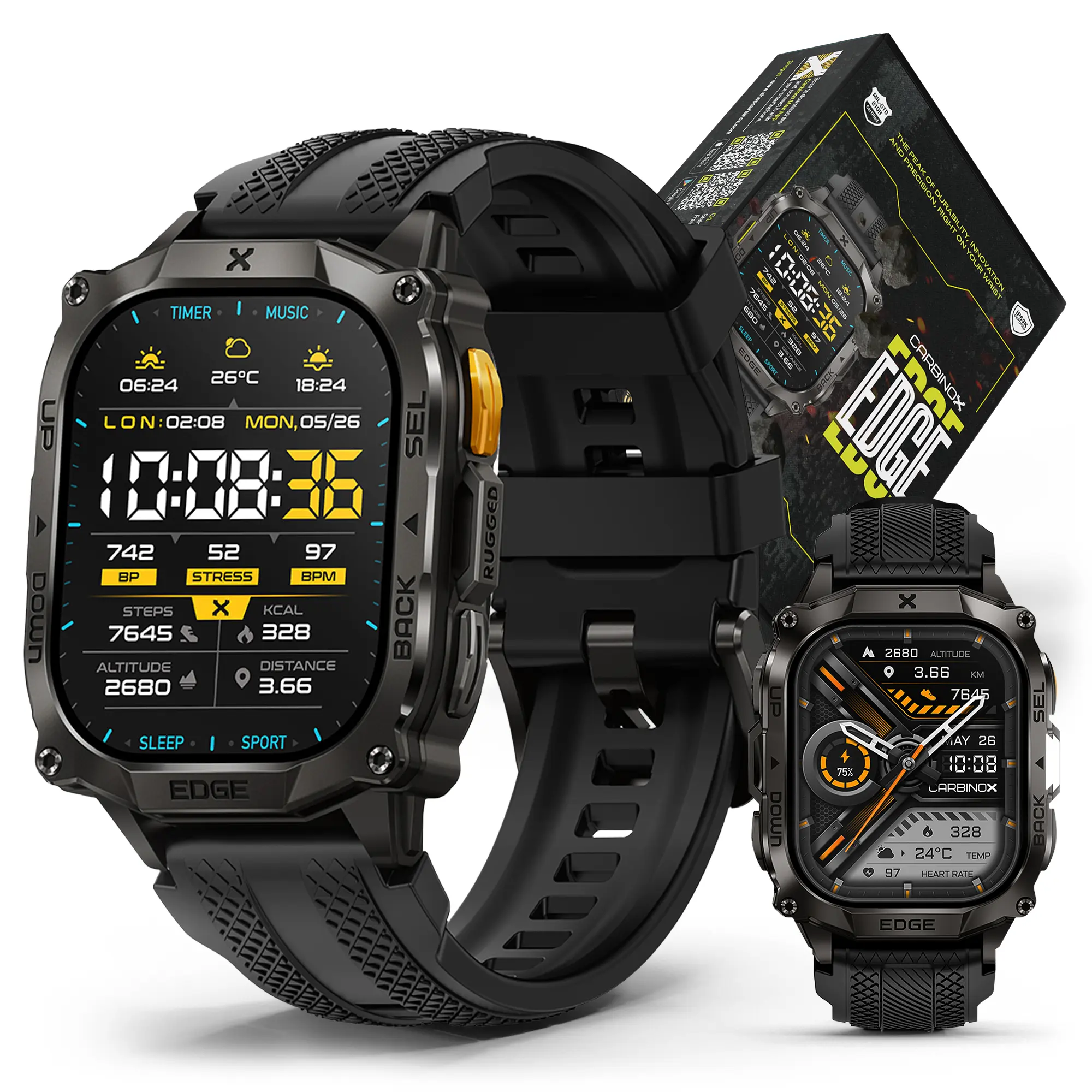 Carbinox Edge Smart Watch Rugged, 1.96″ AMOLED, Stainless Steel, IP69K/5ATM Fitness trackers, Bluetooth Calls, Smart Watch for Android Phones iOS