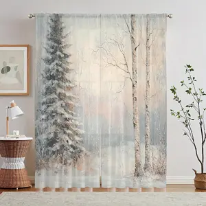 2-Piece set, Winter Forest translucent curtains - high quality polyester, rod bag design, cedar and birch print, suitable for living room bedroom kitchen home decoration, suitable for Christmas themed decoration, Interior decoration accessories