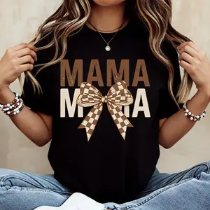 Mama With Checkered Bow Print T Shirt  Casual Loose Fit Women's Top For Motherhood And Everyday Wear