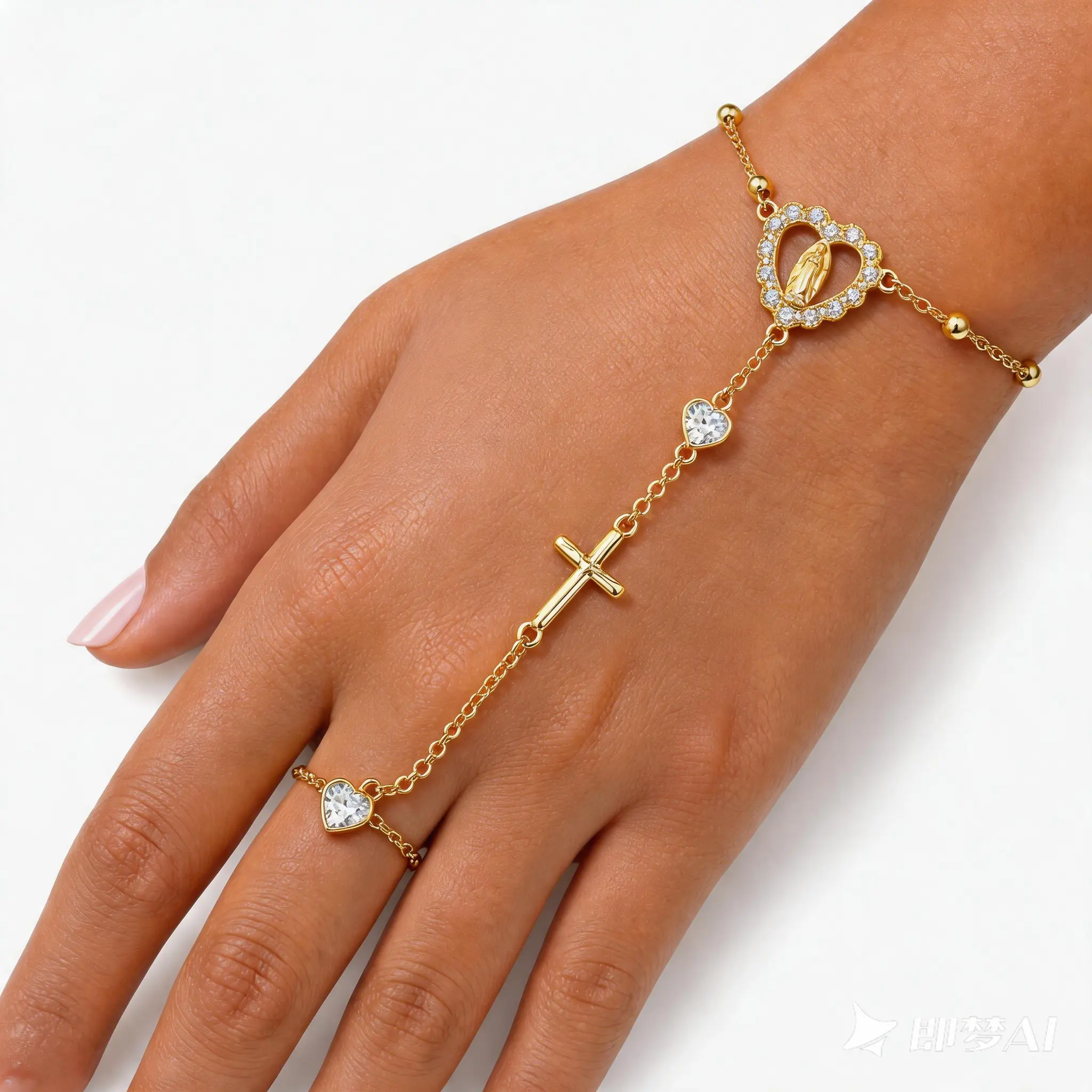 Gold Rosary Hand Chain Bracelet - 14k Gold Plated Virgin Mary Ring Bracelets,Non Tarnish Dainty Golden Rosarios Catolicos Hand Chains Jewelry,Trendy Religious Rosary Beads Hand Bracelet Gift for Women