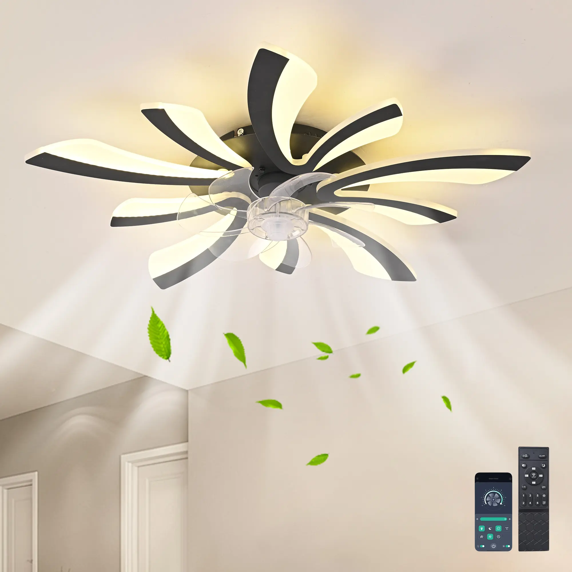 Garwarm Black Ceiling Fan with Lights, Remote Control, 3 Color Temperatures, 6-Speed Dimmable Fan Light for Bedrooms & Living Rooms