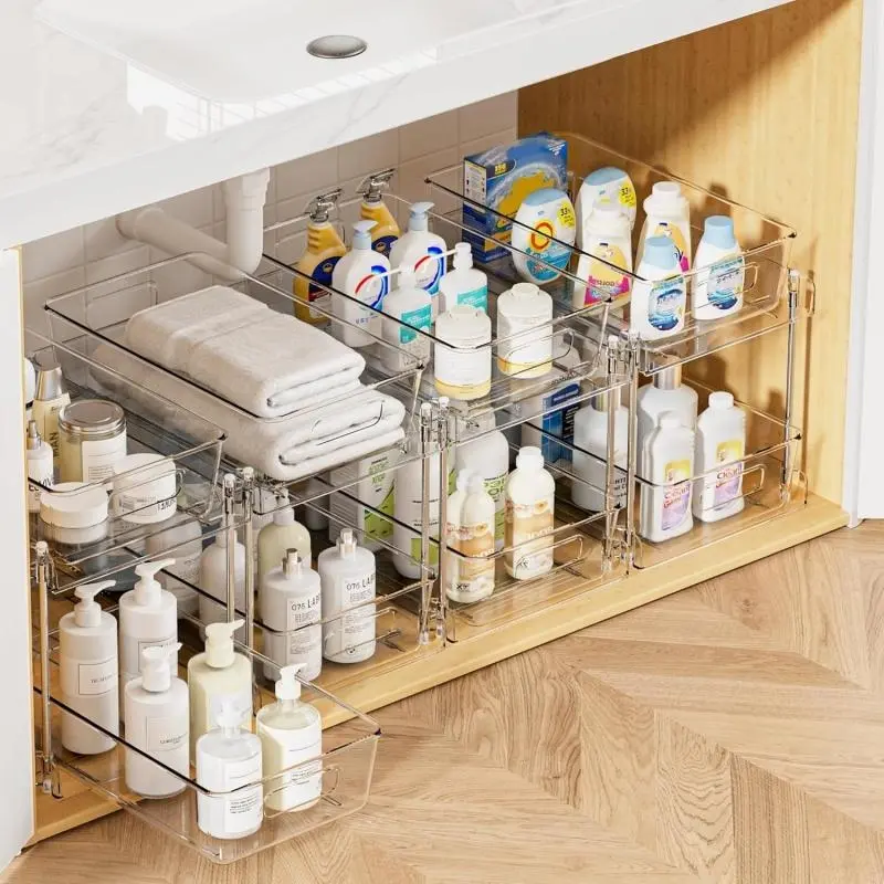 2 Layer Transparent Sink Cabinet Undermount Storage Drawer Box, Pull-Out Organizer with Food Compartment, Kitchen Bathroom Display Clear Adjustable Storage Rack