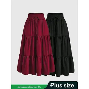Women's 2 Piece Set, Casual Fitted Long Skirt with Layered Ruffles, Thin Woven Fabric, Plain Pattern, All Seasons Wear