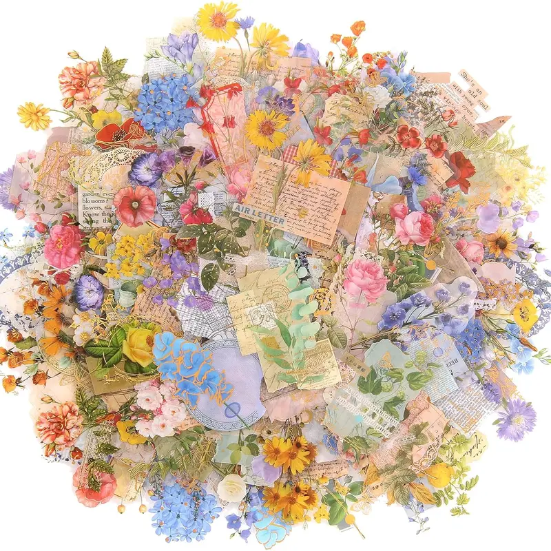 180 Pieces Die Cut Gold Foil Floral Stickers,Transparent Aesthetics Sticker Set,Vintage Flower Decals for Scrapbooking Card Making Journaling Paper Crafting
