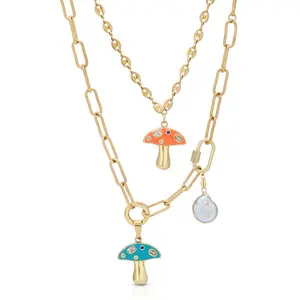 Layered Chain Necklace with Enamel Mushroom Charms and Gold-Tone Links for Women