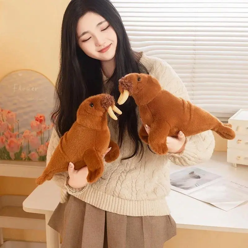 Docile Adorable Polar Walrus Plush Toys Stuffed Lifelike Brown Crawling Walrus Doll Warm Soft Chubby Zoo Animal Doll Kids Gift, One Size