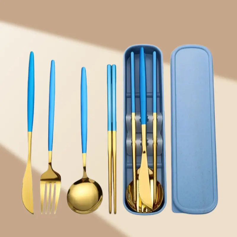 Silverware Flatware Cutlery Set, Stainless Steel Portable Tableware Set Korean Set Spoon Fork Chopsticks Student Outdoor Tableware Set(Pink, 4Set)