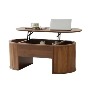 Giratree Fluted Coffee Table with Lifting Top, Oval Wood Lift Top Coffee Table with Hidden Compartment, Mid Century Pull up Center Tables for Living Room, Office