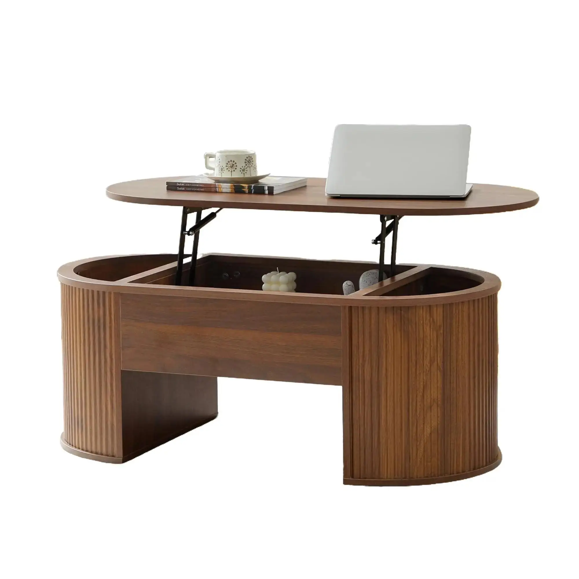 Giratree Fluted Coffee Table with Lifting Top, Oval Wood Lift Top Coffee Table with Hidden Compartment, Mid Century Pull up Center Tables for Living R