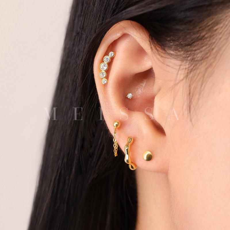 Radiant Cascade Screw Back Earrings, S925 Silver & Gold Dainty Bling Tiny Five CZ 20g Tragus Studs Conch Cartilage Helix 20 Gauge Ball Back Earrings Second Multi Piercings Stackable Hypoallergenic Comfort Sleep On Jewelry Gift Her Women Christmas Birthday