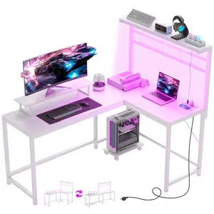 Dual-size convertible extended computer desk supports remote control multi-level light modes with adjustable feet suitable for home entertainment areas and esports style space matching
