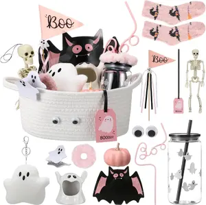 Halloween Boo Gifts Basket Stuffers for Women Summer Halloween Spooky Ghost Cute Boo Basket Gifts Plastic Cups Paper Bat Plate Fuzzy Socks Skeleton Pendant for Her Sister Friends