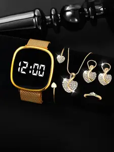 6pcs Rose Gold LED Display Analog Digital Fashion Watch Set, Magnetic Buckle, Casual Style, Perfect Gift for Kids & Couples