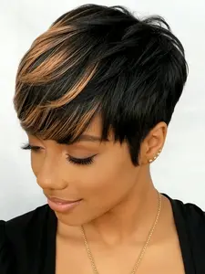 Pixie Cut Wig Human Hair for Women Highlight Brown Short Straight  Wig with Bangs Layered  Wig Pixie Wigs