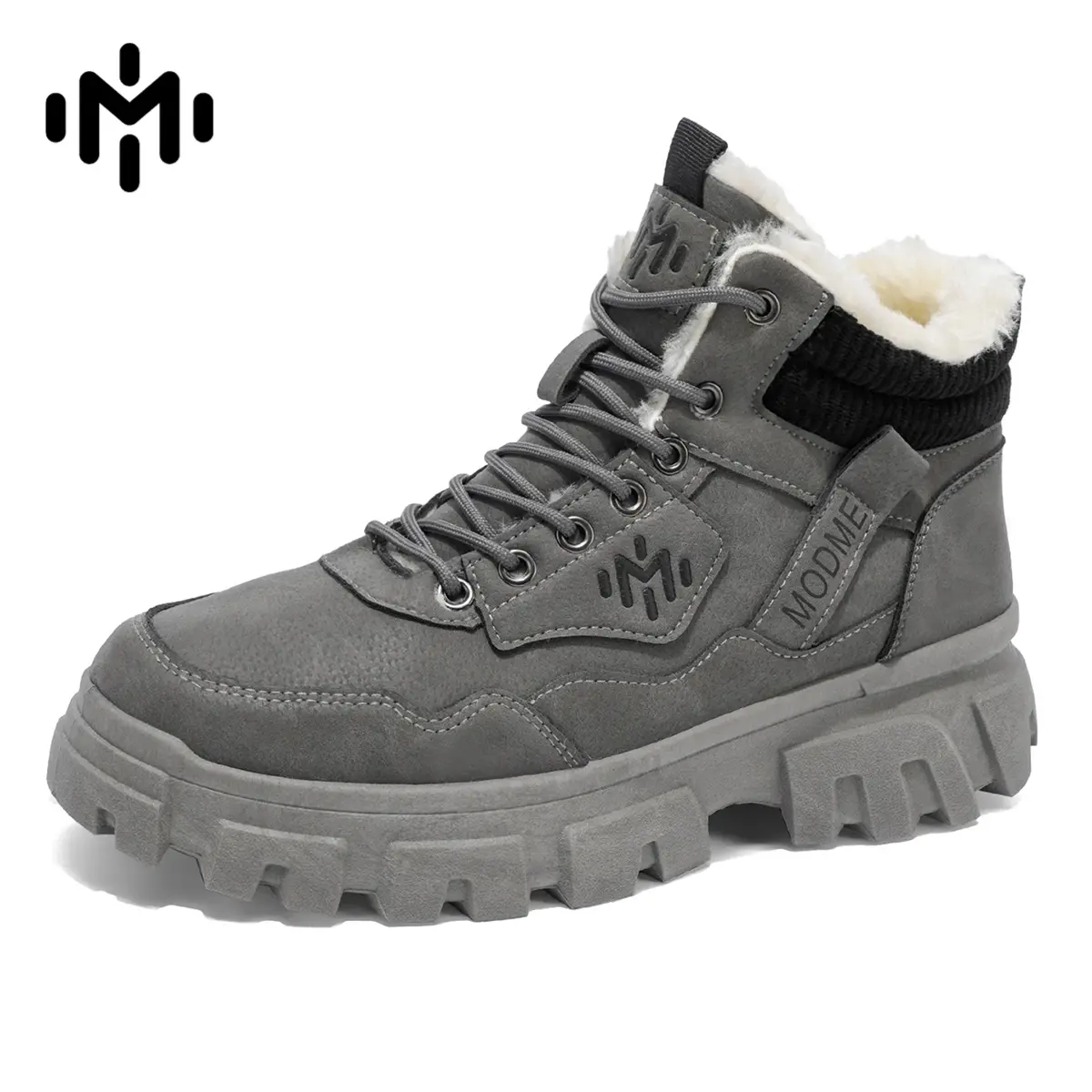 Men's Grey Suede Fleece Lined Winter Work Boots Mid High Ankle Chunky Lug Sole Waterproof Non Slip Warm Cold Weather Hiking Walking Shoes