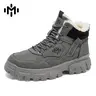 Men's Grey Suede Fleece Lined Winter Work Boots Mid High Ankle Chunky Lug Sole Waterproof Non Slip Warm Cold Weather Hiking Walking Shoes