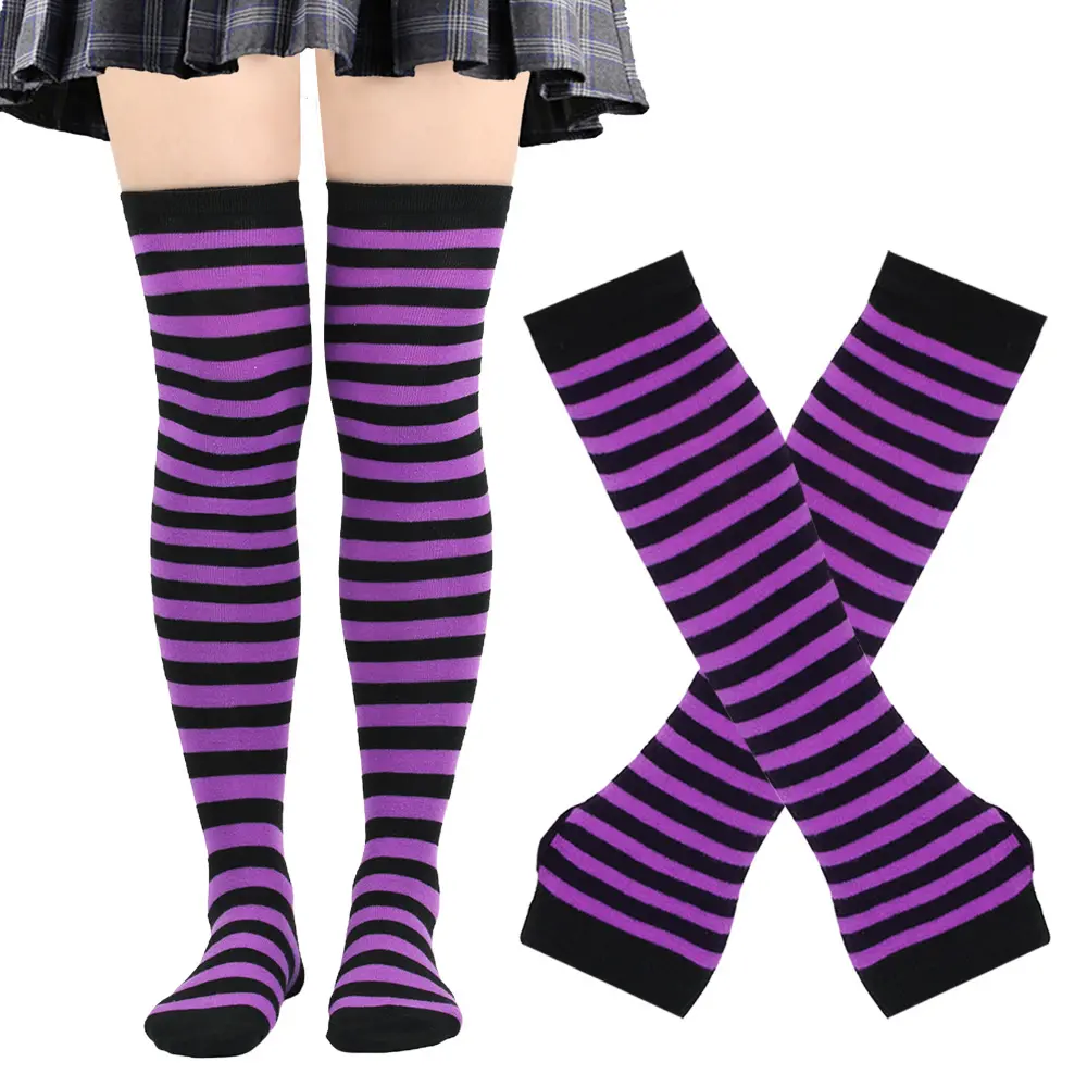 Christmas Stockings Cosplay High Knee Socks Halloween Costume Accessories Thanksgiving Holiday Striped Socks and Gloves Set