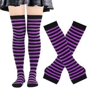 Christmas Stockings Cosplay High Knee Socks Halloween Costume Accessories Thanksgiving Holiday Striped Socks and Gloves Set