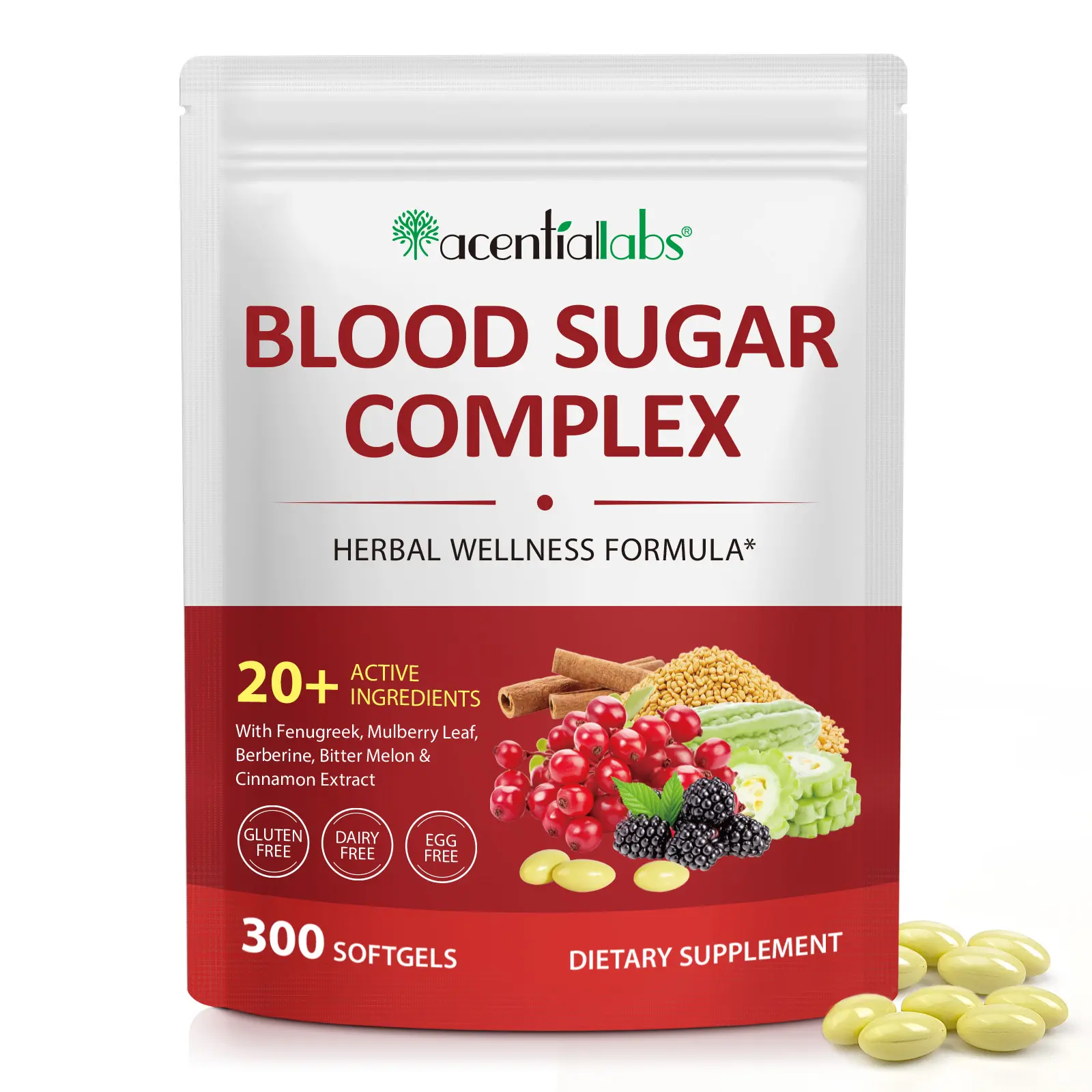 Acentiallabs 300 Softgels Berberine Cinnamon Bitter Melon Mulberry Leaf Fenugreek 20 Active Herbs Supplement Daily Metabolic Energy Vitality Support Clean Formula