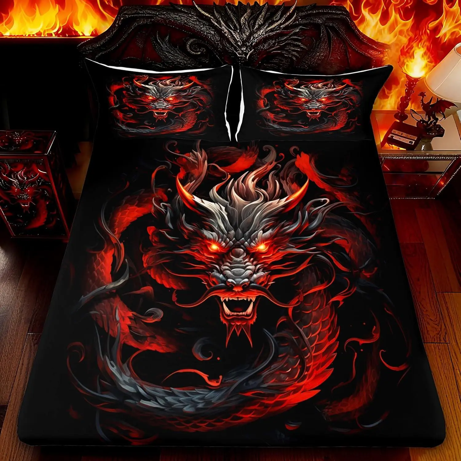 Red Black Dragon Bedding Set,Glowing Flame Dragon Fitted Sheet for Kids Boys Men Adult Bedroom Decor,Wild Animals Bed Sheet Cool Magical Style Deep Pocket Sheet