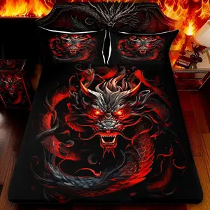 Red Black Dragon Bedding Set,Glowing Flame Dragon Fitted Sheet for Kids Boys Men Adult Bedroom Decor,Wild Animals Bed Sheet Cool Magical Style Deep Pocket Sheet